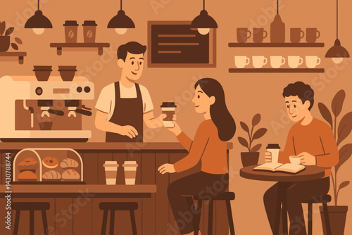 Scene in a coffee shop featuring a barista, a coffee machine, an assortment of pastries, and several customers