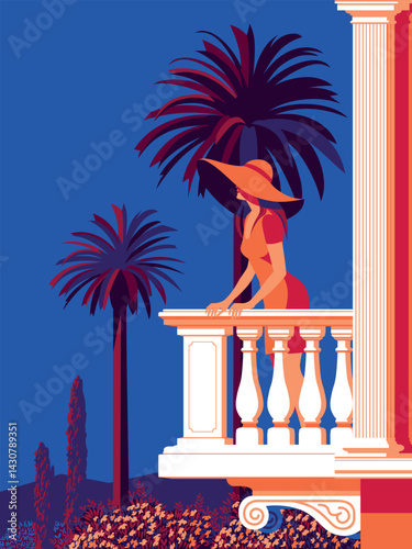 Woman in a hat on a balcony on a Mediterranean resort against the background of a park with palm trees and cypresses. Handmade drawing vector illustration. Flat design. Vintage Poster.