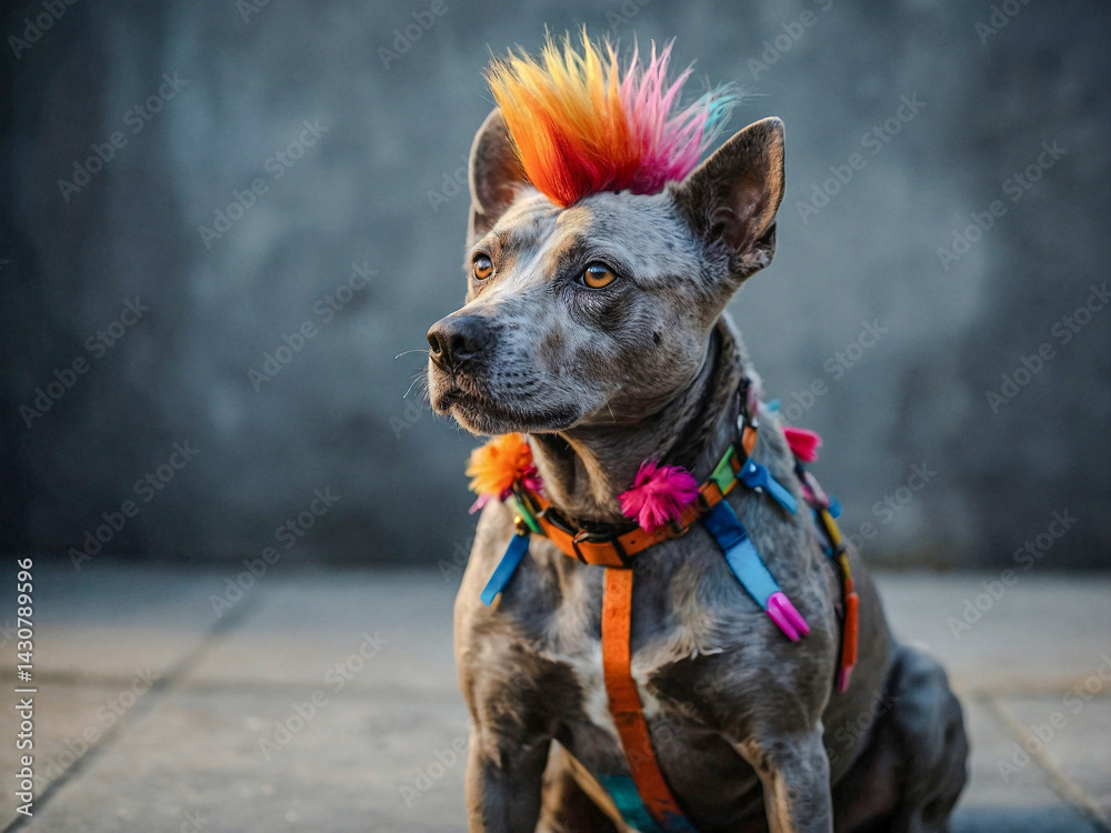 Dog with a colorful mohawk sitting on a gray surface.