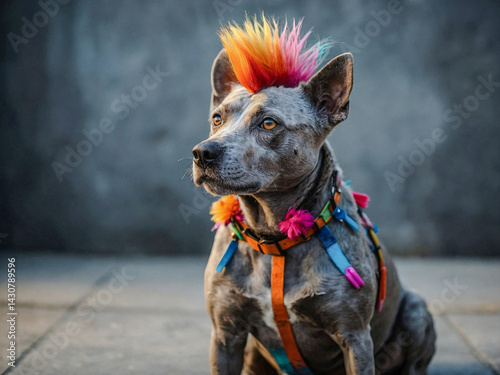 Obraz na płótnie Dog with a colorful mohawk sitting on a gray surface. w salonie