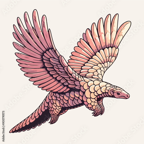 Soaring Pangolin: A stylized illustration of a pangolin takes flight, its scales gleaming with warmth, embodying both strength and grace against a clean backdrop.