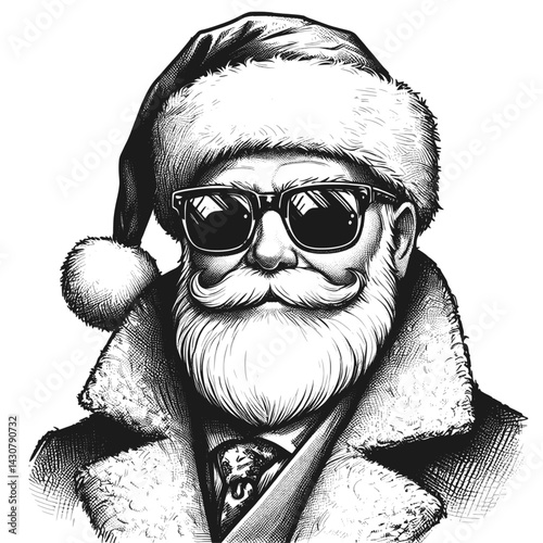 Santa’s Summer Mode: Suit & Shades Cool Santa Claus with suit & sunglasses ink style linework drawing pen sketch hand drawn vector illustration background
