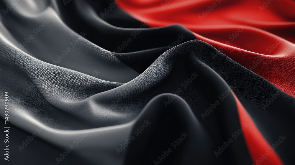 Fototapeta premium Close-up view of a flag with dark gray, black, and red sections, rippled and flowing fabric