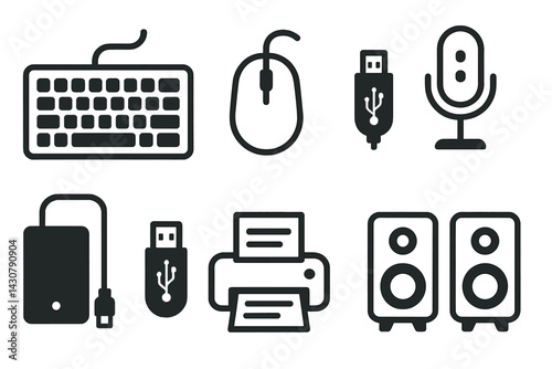 Computer hardware accessories comprise keyboards, mice, webcams, microphones, external hard drives, USB flash drives, printers, and speaker systems