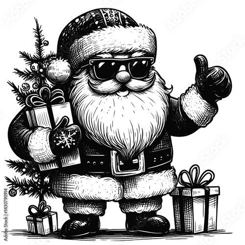 Too Cool for the North Pole Cool Santa Claus with suit & sunglasses give a gift ink style linework drawing pen sketch hand drawn vector illustration background