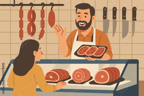 In a traditional store, a customer is receiving assistance from a butcher while shopping for products at the meat counter