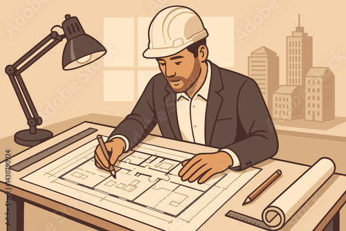 An office with various models and tools is where an architect is examining blueprints on a drafting table