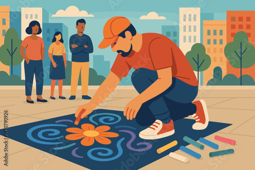 A city square is filled with people watching an artist as they draw on the pavement using a variety of colorful chalk