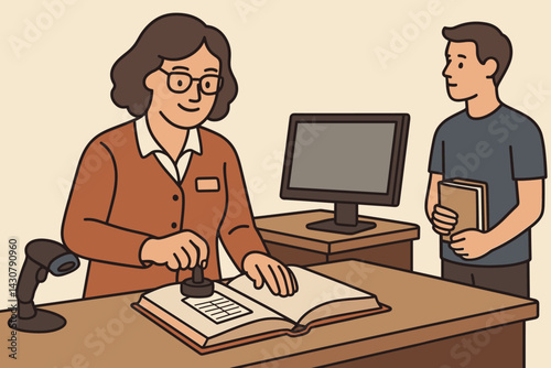 A patron waits as a librarian uses equipment at the library desk to process their book checkout