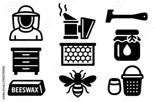 Equipment and products for beekeeping consist of a suit hood, smoker, hive tool, hive box, frame, honey jar, beeswax, bees, and pollen