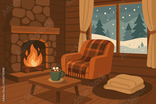 A winter cabin is shown with a fireplace, snow outside, and the comforts of hot cocoa and blankets inside