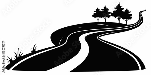 Curving tarred road vector silhouette black on white background