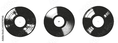 Trendy elements vinyl records with photocopy effect. Grunge punk dotted stickers for collage, poster, print, music cove. Vector illustration on an isolated background.