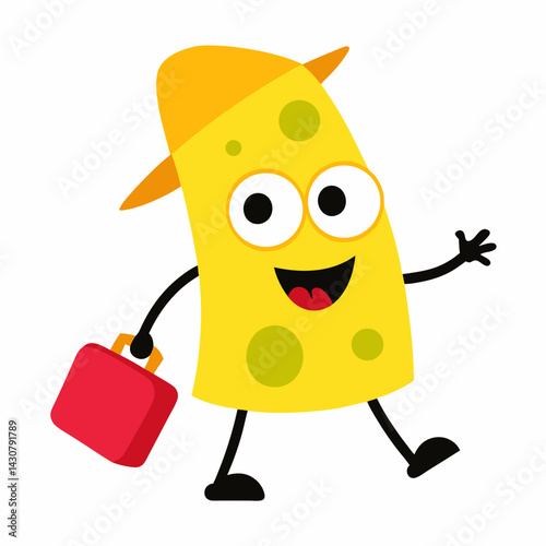 Vector Cartoon groovy cheese Graphic character traveler with bag vector on white background