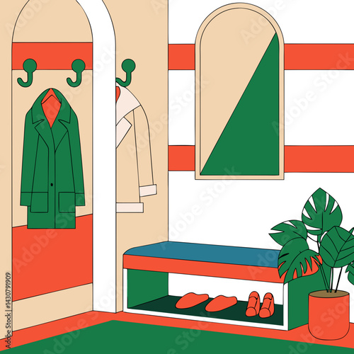 Stylized hallway interior with a bench, shoe rack, wall mirror, coat hooks, and a potted plant. Neutral colors with graphic charm.