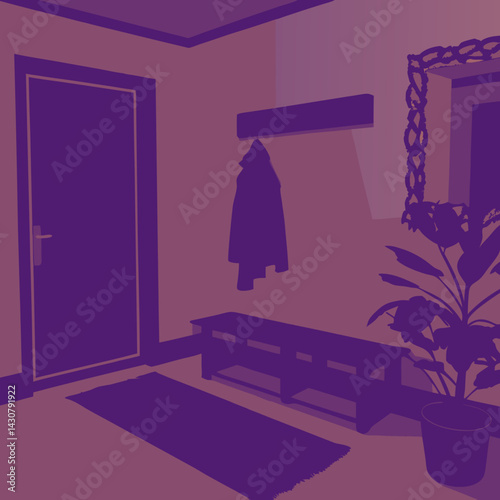 Stylized hallway interior with a bench, shoe rack, wall mirror, coat hooks, and a potted plant. Neutral colors with graphic charm.