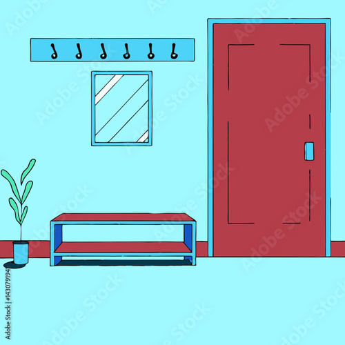 Stylized hallway interior with a bench, shoe rack, wall mirror, coat hooks, and a potted plant. Neutral colors with graphic charm.
