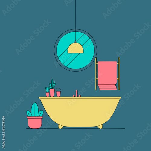 Stylized hallway interior with a bench, shoe rack, wall mirror, coat hooks, and a potted plant. Neutral colors with graphic charm.
