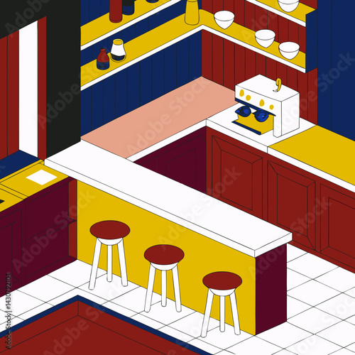 Flat illustration of a minimalist kitchen corner with a countertop, open shelves, coffee machine, and bar stools. Warm tones and clean geometric layout.