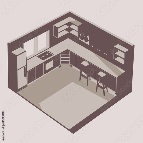 Flat illustration of a minimalist kitchen corner with a countertop, open shelves, coffee machine, and bar stools. Warm tones and clean geometric layout.