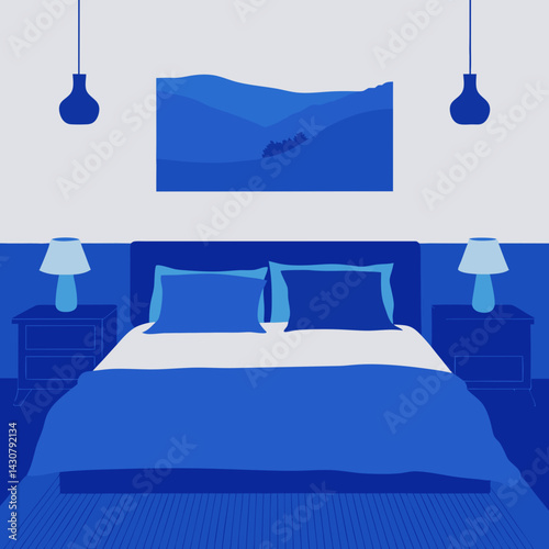 modern bedroom with blue bed illustration