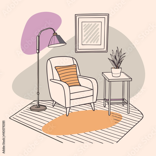 Graphic illustration of a cozy reading nook with an armchair, floor lamp, potted plant, and a small bookcase. Framed art on the wall and a striped rug underfoot.