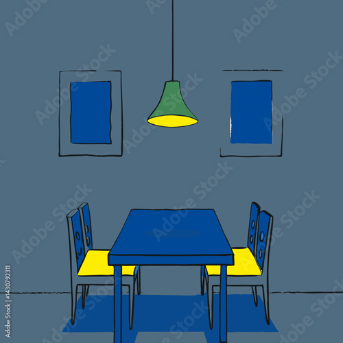 Flat-style interior of a dining room with a rectangular wooden table, four vintage chairs, pendant lamp above, and abstract wall art. Warm earthy tones with soft shadows
