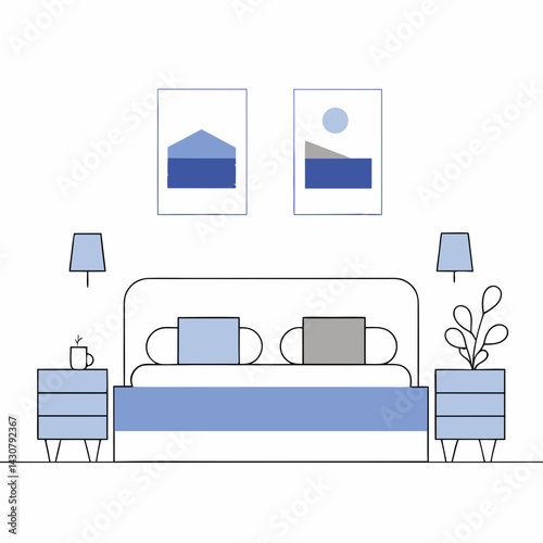 Mid-century modern bedroom with a platform bed, colorful pillows, twin nightstands, pendant lights, and landscape artwork above the headboard.