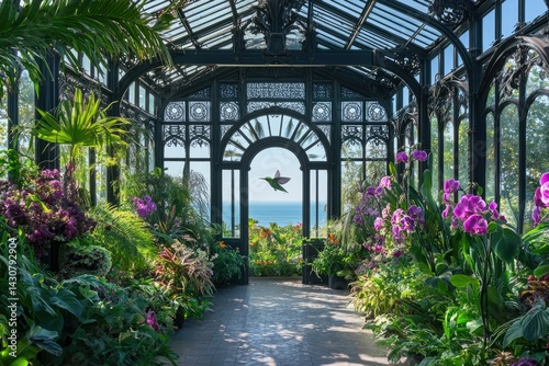 A breathtaking conservatory filled with lush tropical plants, orchids, and a hummingbird silhouette against a tranquil ocean view. photo