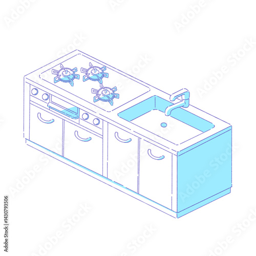三ツ口コンロが設置されたキッチンのイラスト