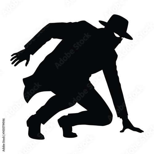 Spy sneaking in a crouched position silhouette vector design art and illustration