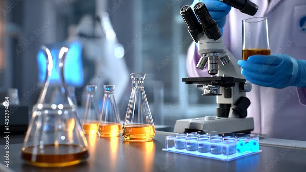 Scientist examines sample using microscope in a lab setting