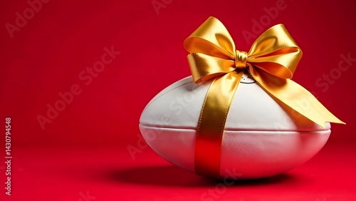 Rugby ball with gold ribbon on red background