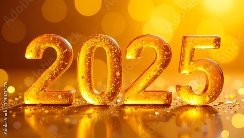 Numbers 2025 made of honey on a golden, shining honey background