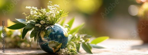 World Environment Day: A vibrant close-up of a handcrafted Earth globe surrounded by fresh greenery and wildflowers. emphasizing the importance of nature and environmental sustainability.