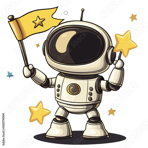 Cartoon vector illustration of a friendly robot in a space helmet holding a star-shaped flag against a ringed planet backdrop on white background no shadow.

