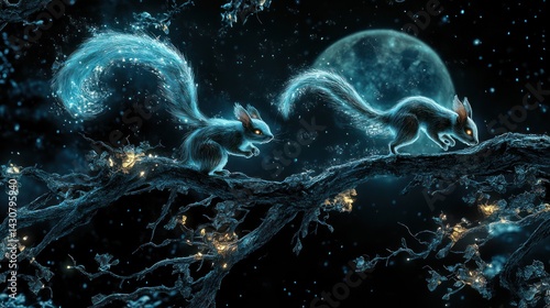 Magical squirrels on a branch at night under the moon photo