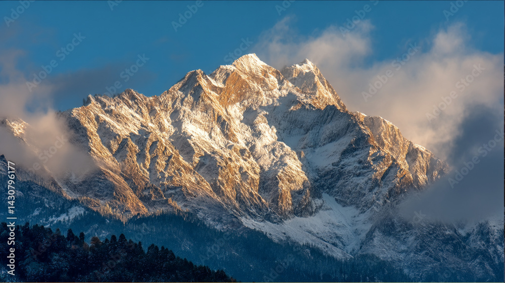 A breathtaking view of a towering snow-covered mountain peak illuminated by the golden hues of sunrise, surrounded by soft clouds