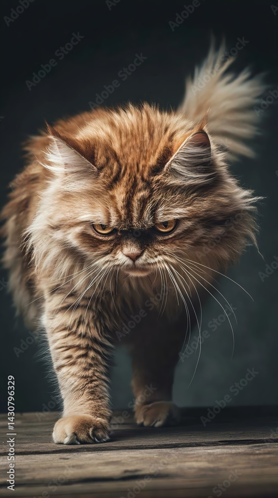 A fluffy, orange tabby cat with an intense expression walks confidently on a wooden surface, showcasing its stunning fur and charisma. A fluffy, orange tabby cat with an intense expression walks confidently on a wooden surface, showcasing its stunning fur and charisma.
