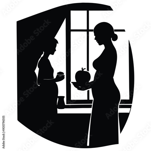 Pregnant Woman Standing in Kitchen with Bowl of Fruit