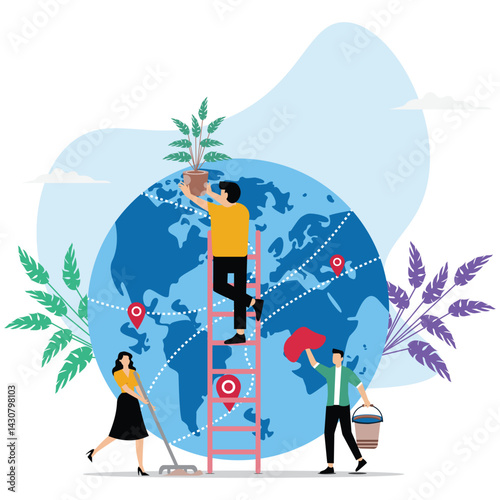 Vector ecology concept. People take care about planet ecology. Protect nature and ecology banner. Earth day. Globe with trees, plants and volunteer people. People cleaning garbage on Earth area