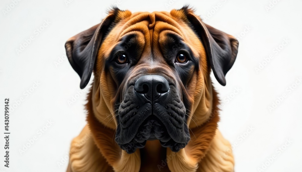 Fototapeta premium Imposing mastiff, intense gaze, pure white backdrop, canine portrait, animal