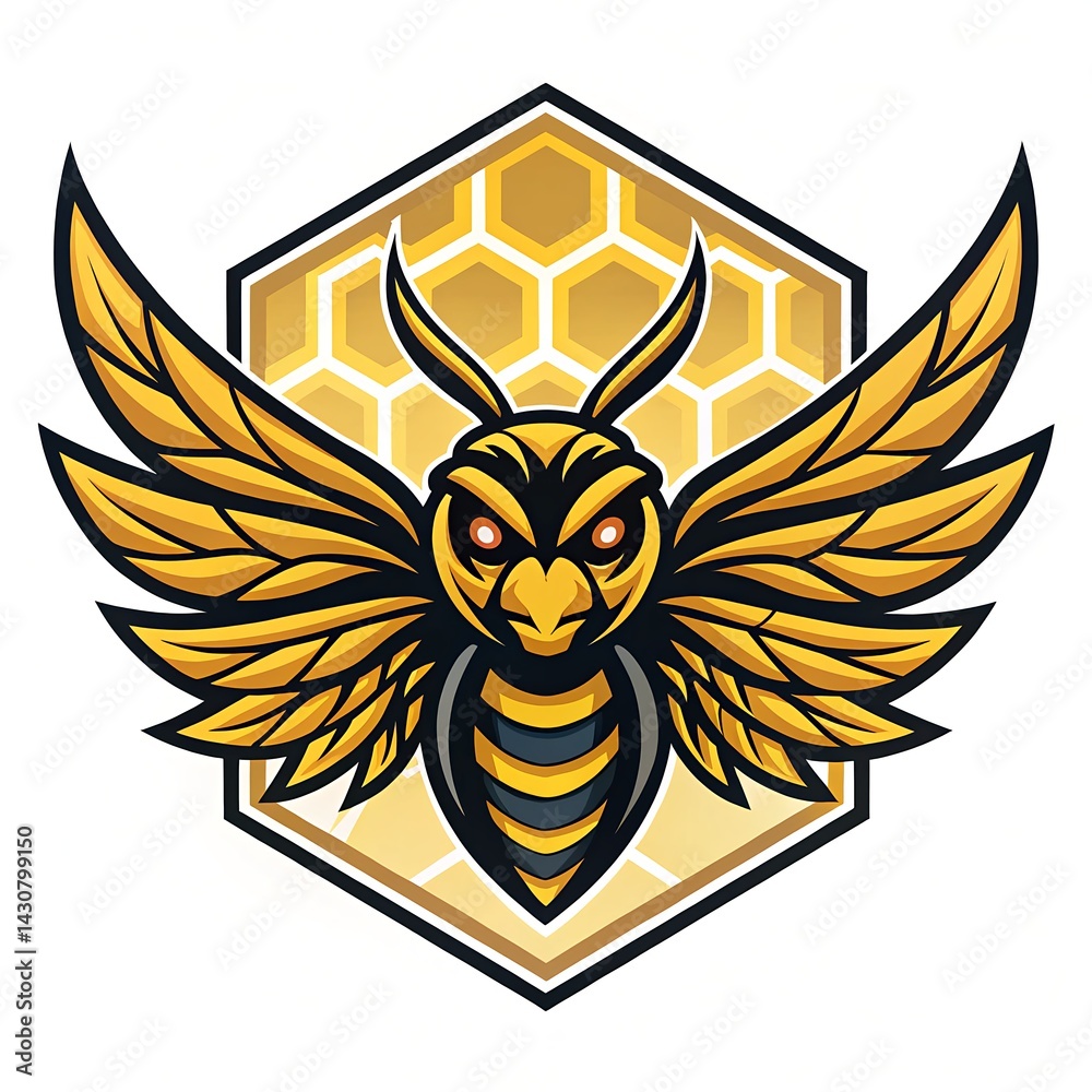 Obraz premium Aggressive Bee Mascot Illustration with Hexagonal Hive Background