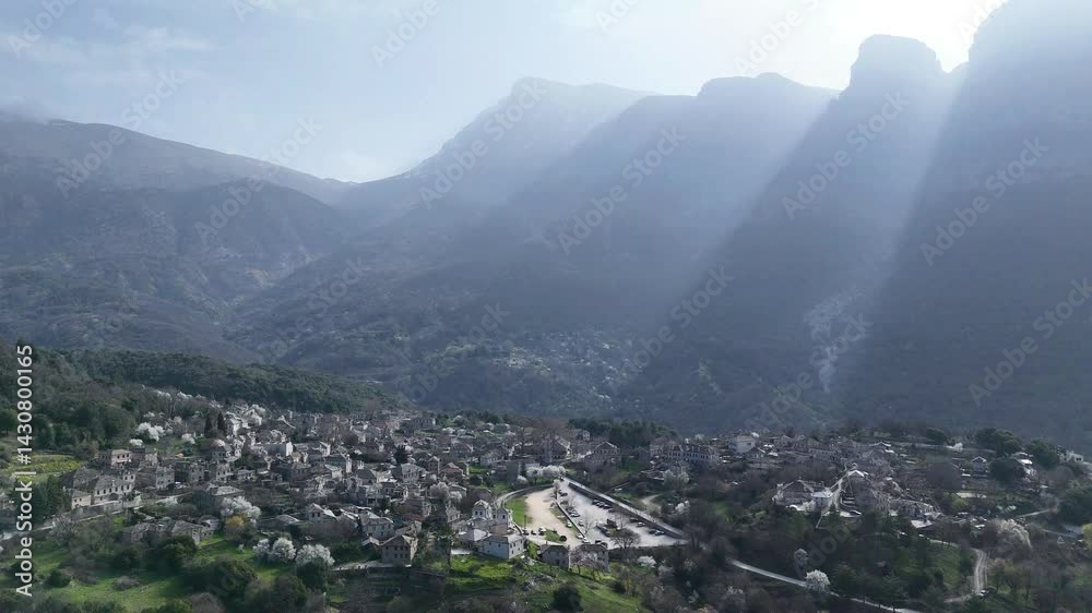 Aerial view of traditional village of Papingo Zagorochoria area , Epirus, Ioannina Greece Europe Aerial view of traditional village of Papingo Zagorochoria area , Epirus, Ioannina Greece Europe