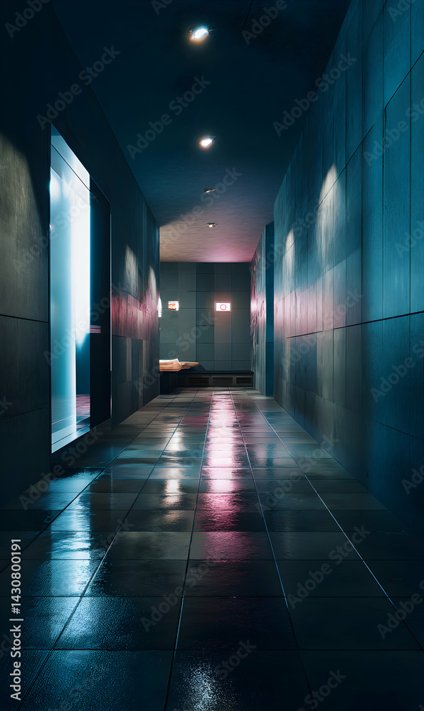 Fototapeta premium An alluring glimpse down a sleek corridor featuring modern architectural design and elegant lighting