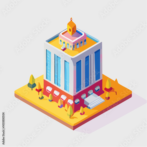 isometric building in blockchain ecosystem, ditgital currency, metaverse and technlogy