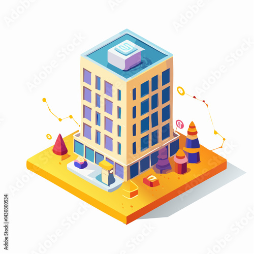 isometric building in blockchain ecosystem, ditgital currency, metaverse and technlogy