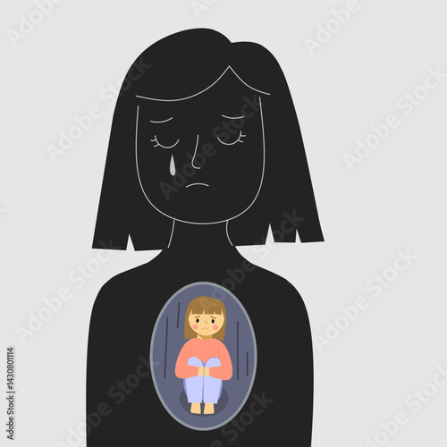 Sad woman with inner child illustration, expressing emotional pain, childhood trauma, and healing. Concept of mental health and inner self-awareness.