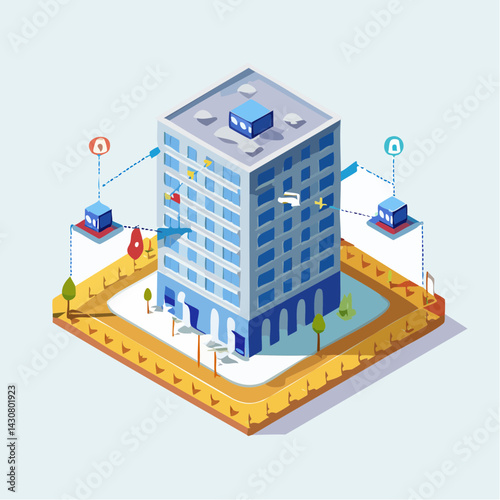 isometric building in blockchain ecosystem, ditgital currency, metaverse and technlogy