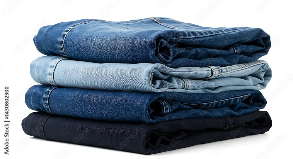 Stack of Folded Jeans in Various Blue Shades on White Stack of Folded Jeans in Various Blue Shades on White